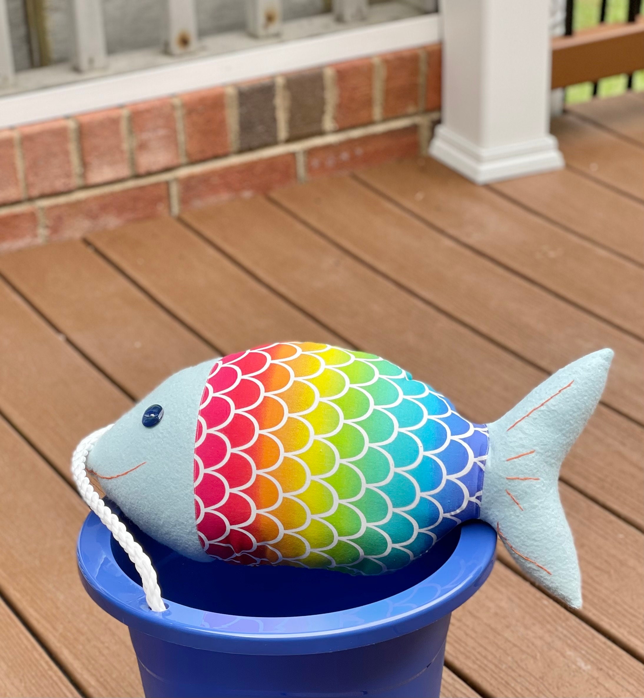 Rainbow Colors, Flashy Splashy Fish Shaped Pillow, Light Blue, Throw