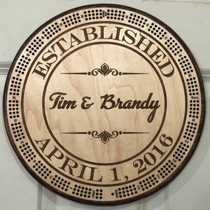 Personalized Established Date and Anniversary cribbage board wall display, CARD STORAGE with cards, 3 tracks of 120 points & 6 pegs