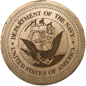 Official US Navy Plaque on a round laser engraved wood Navy Emblem