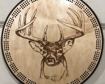 3 track Whitetail Buck Cribbage Board: Wall Plaque with Card Storage, 10 pointer