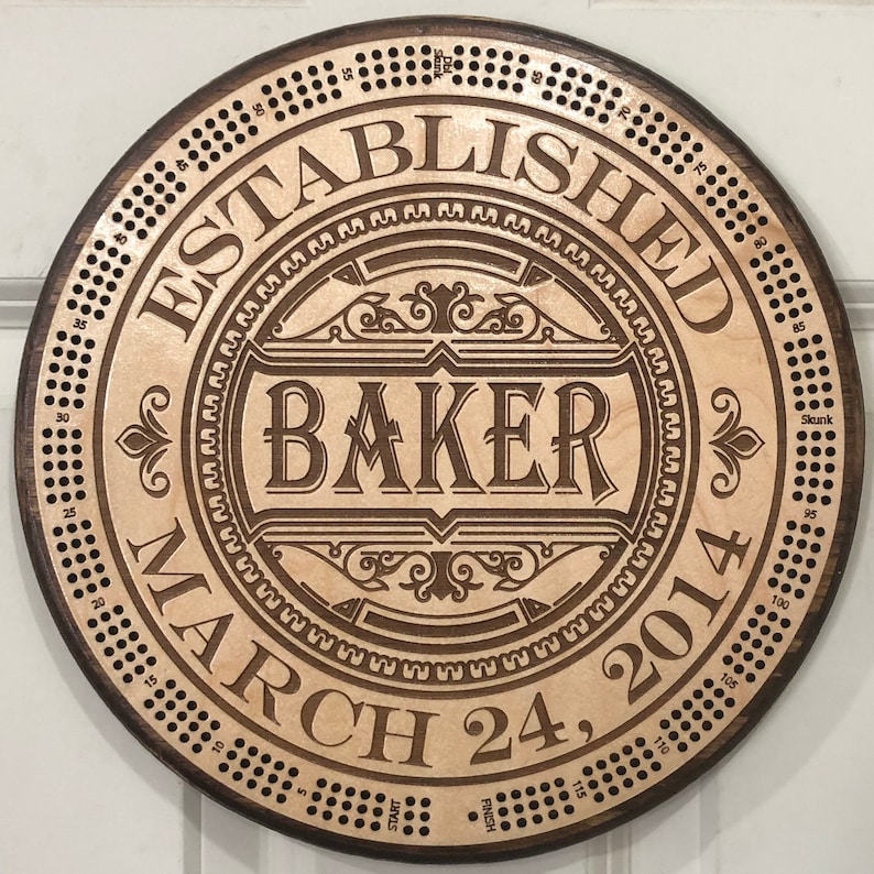 May include: A wooden circular sign with a brown border and a light brown center. The sign features the text "ESTABLISHED MARCH 24, 2014" and the word "BAKER" in a decorative font. The sign also has a circular pattern of holes around the edge.