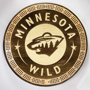 Minnesota Wild cribbage board & wall plaque - with CARD STORAGE, 3 track, 120 continuous points and 6 pegs plus free deck of cards