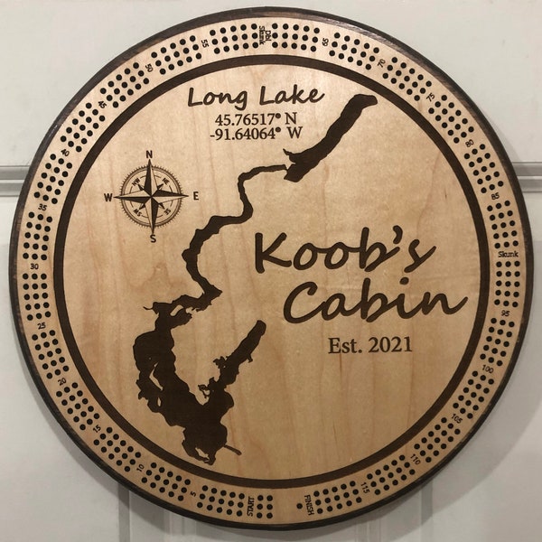 Custom Lake Cribbage Board and plaque - 3 tracks of 120 points & 6 pegs, round Maple cribbage board and wall display, lake engraving