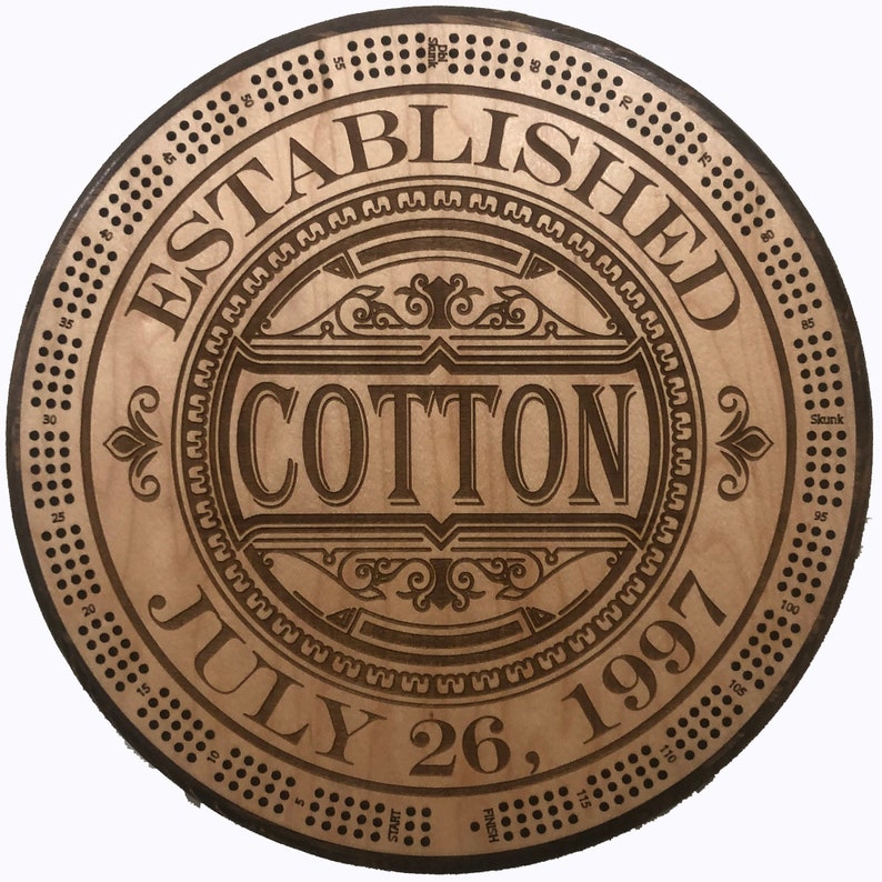 May include: A wooden round sign with a brown background and a decorative border. The sign reads "Established July 26, 1997" and "Cotton" in a decorative font.