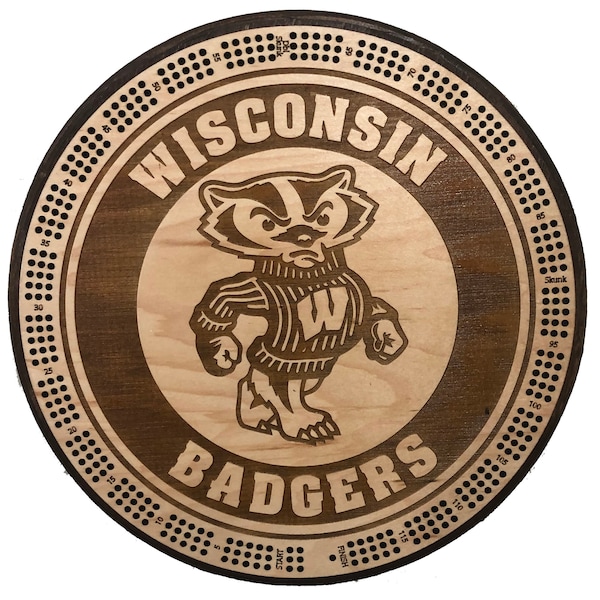 Wisconsin Badgers 3 track cribbage board and plaque - with CARD STORAGE, 3 tracks of 120 points & 6 pegs plus free deck of cards