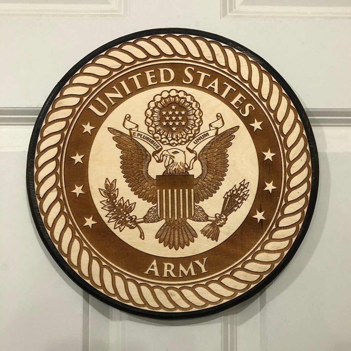 US Army Plaque on a Round Laser Engraved Wood Army Emblem WC Etsy