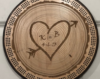 Personalized Tree Carving Cribbage Board: Initials & Date, Card Storage, Carved intitals