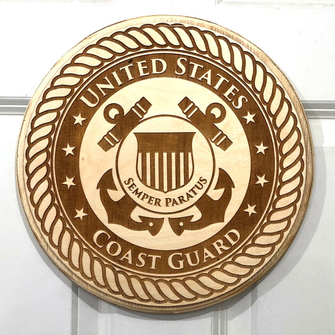 US Coast Guard Plaque on a Round Laser Engraved Wood Coast Guard Emblem