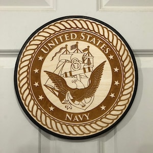 US Navy Plaque on a 11.5in round laser engraved wood Navy Emblem WC Version