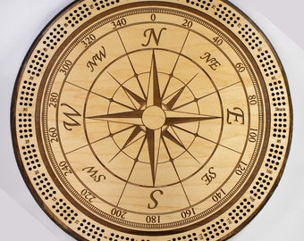 Rosette Compass Cribbage Board: Maple Wood, Card Storage & Pegs