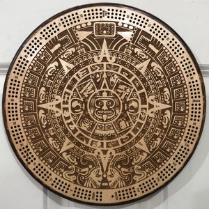 Mayan Calendar cribbage board & wall plaque - with CARD STORAGE, 3 track, 120 continuous points and 6 pegs plus free deck of cards