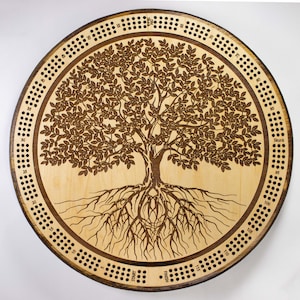 Tree Of Life cribbage board & wall plaque - with CARD STORAGE, 3 track, 120 continuous points and 6 pegs plus free deck of cards