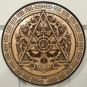 Celtic Skull cribbage board & wall plaque - with CARD STORAGE, 3 track, 120 continuous points and 6 pegs plus free deck of cards