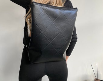 Black Quilted Handmade Eco Leather Minimalist Black Backpack Zipper Style Work Leisure College bag School bag Travel bag Mens bag Ladies bag