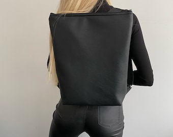 Handgefertigter schwarzer Rucksack, Öko-Leder-Rucksack, Minimalistische Tasche, Reißverschluss-Verschlusstasche, College-Schultasche, Reisetasche, Unisex-Tasche