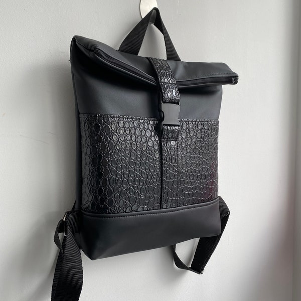 Blanc noir motif fait main simili cuir écologique minimaliste noir sac à dos noir boucle style sac de travail loisirs poche avant