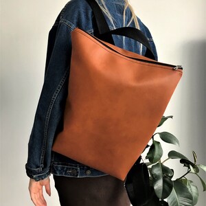 Vintage Handmade Eco Faux Leather Minimalist Raw Vegan Tan Sun Backpack Zipper Style Bag School Work Leisure Rucksack Stylish Beautiful Gift