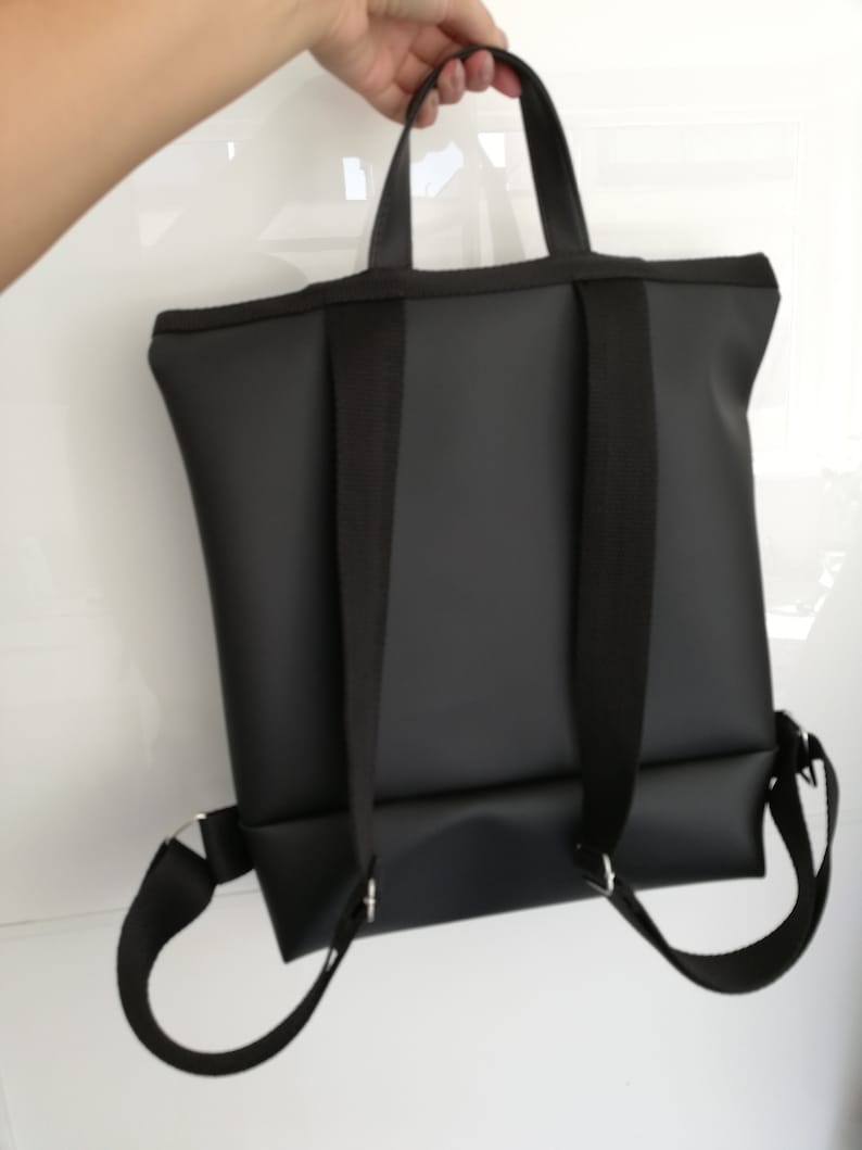 Handmade Eco Faux Leather Minimalist Black Matte Backpack Zipper Style Bag School Work Leisure
