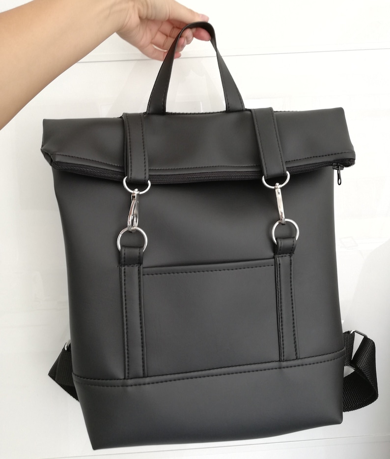 Handmade Eco Faux Leather Minimalist Black Matte Backpack Zipper Style Bag School Work Leisure