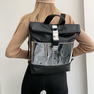 Mirror Silver Metallic Gold Handmade Eco Faux Leather Minimalist Black Shiny Backpack Buckle Zipper Style Bag Work Leisure Front Pocket