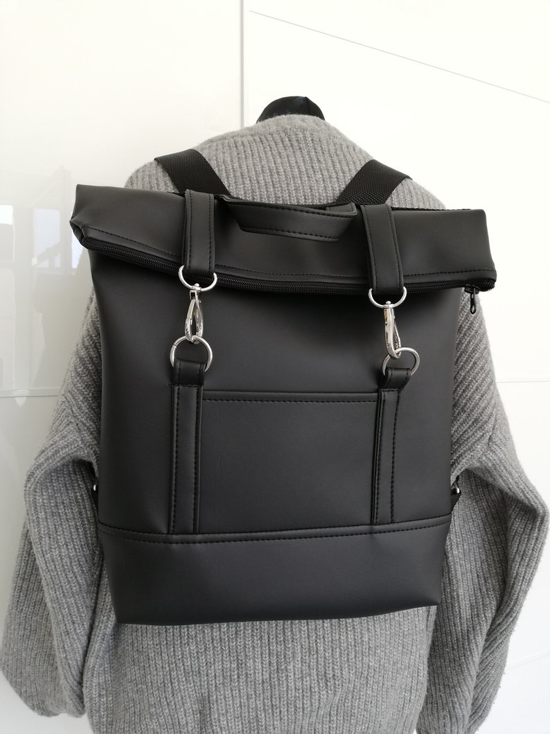 Handmade Eco Faux Leather Minimalist Black Matte Backpack Zipper Style Bag School Work Leisure