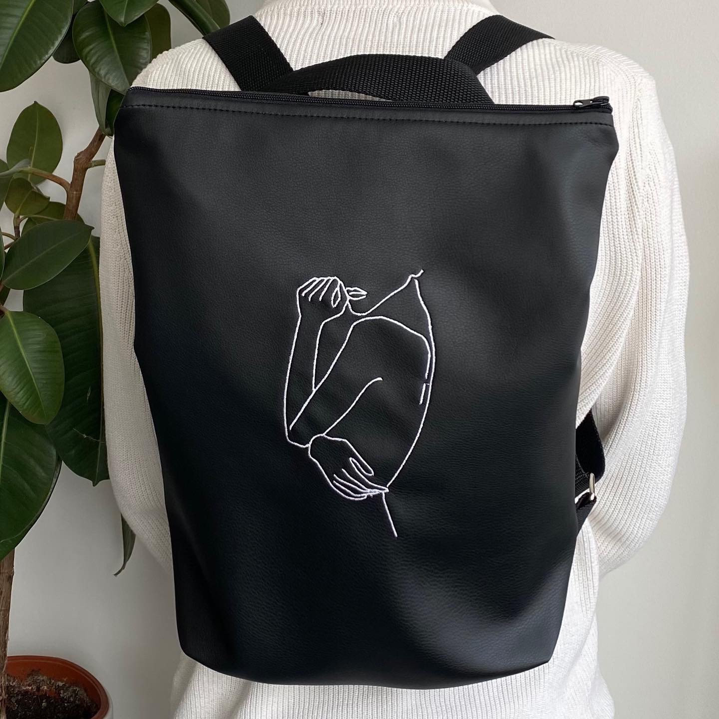 Embroidered Line Art Backpack Rucksack Embroidery Eco Faux Etsy