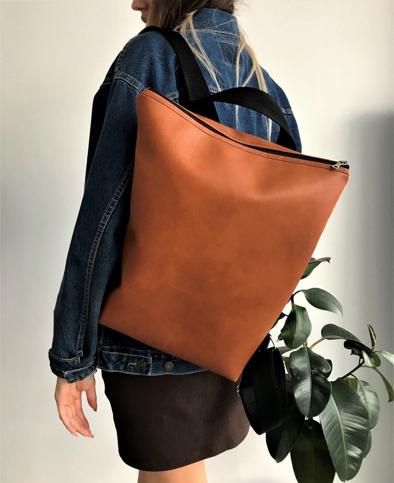 Vintage Handmade Eco Faux Leather Minimalist Raw Vegan Tan Sun Backpack Zipper Style Bag School Work Leisure Rucksack Stylish Beautiful Gift image 1