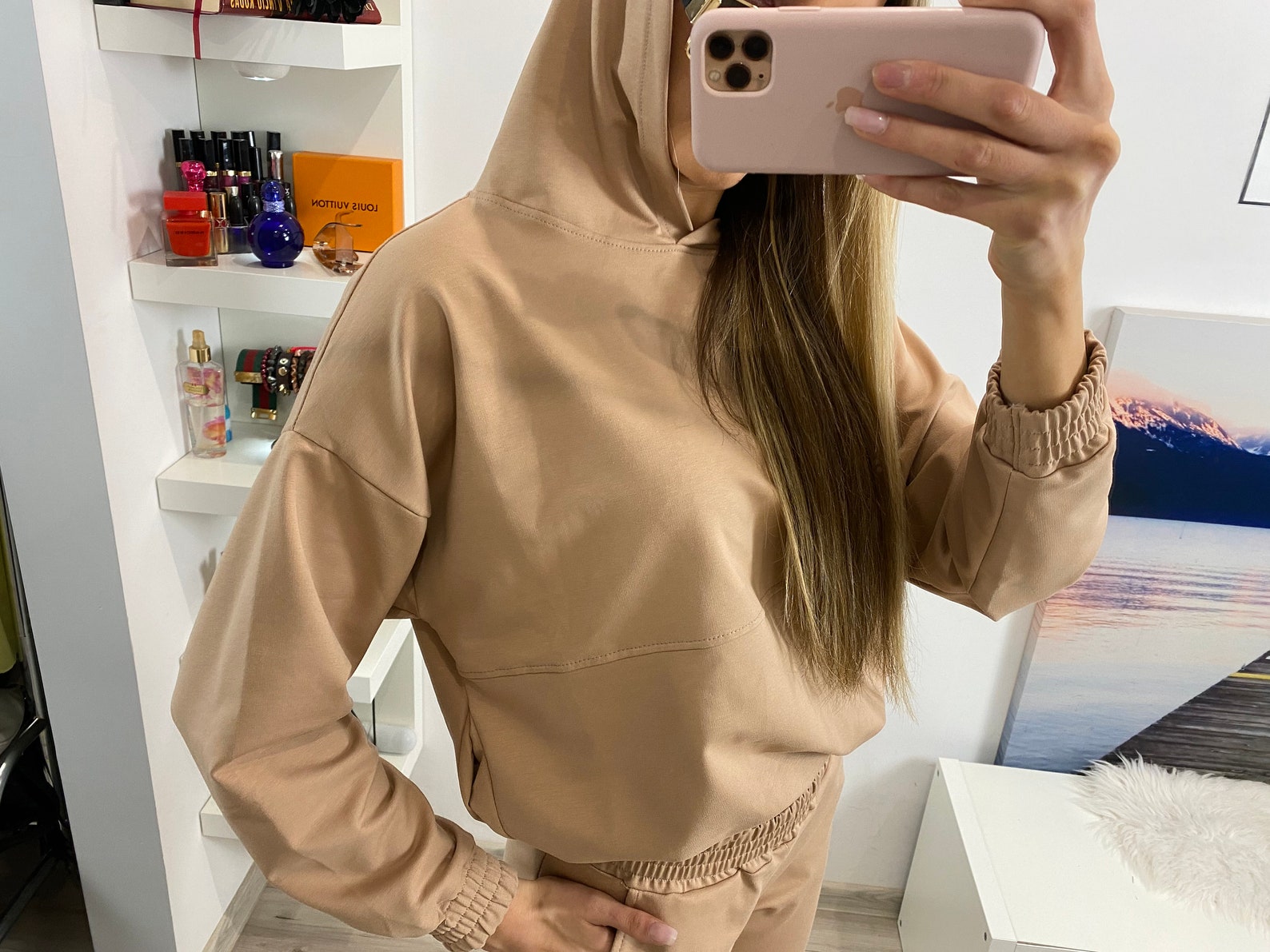 beige joggers and sweatshirt set
