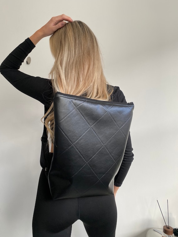 Black Quilted Handmade Eco Leather Minimalist Black Backpack 