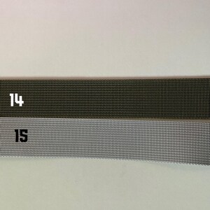 May include: Two samples of webbing, one in olive green and one in silver gray. The samples are labeled "14" and "15".