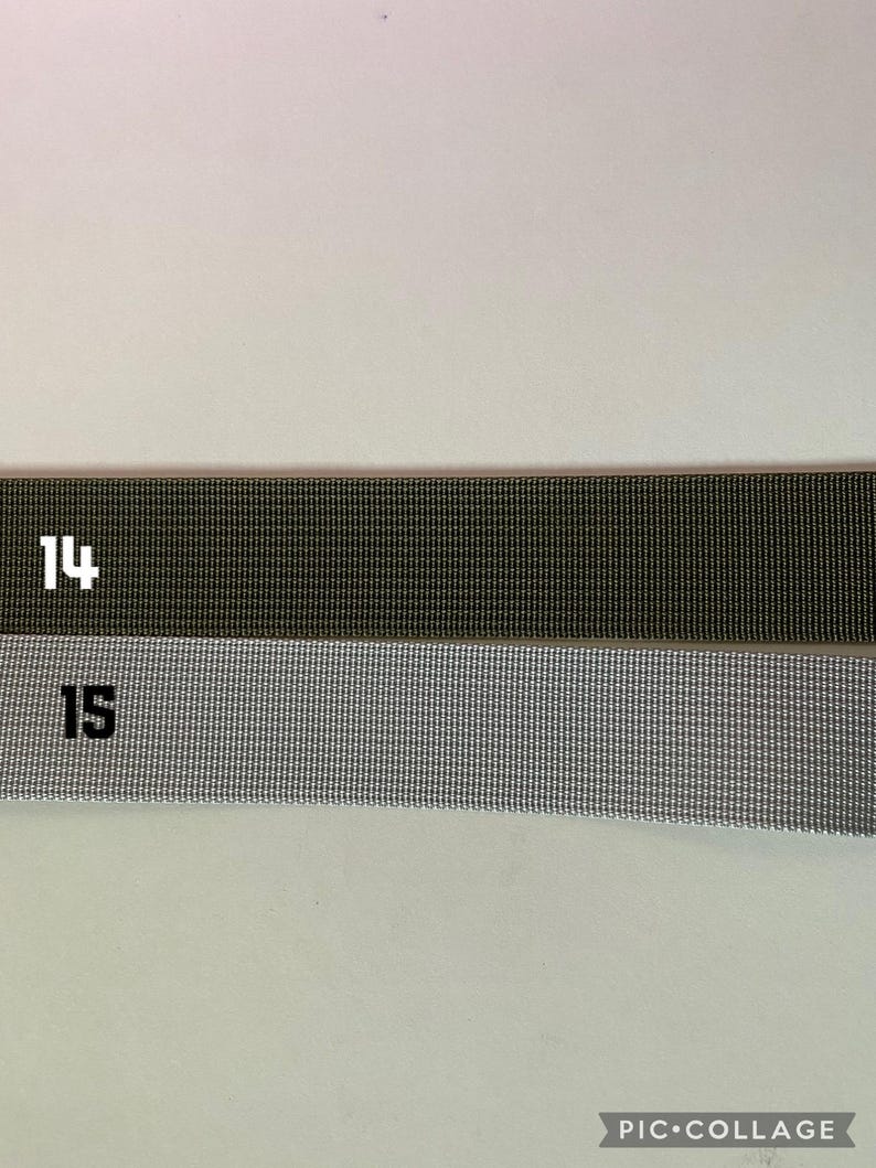 May include: Two samples of webbing, one in olive green and one in silver gray. The samples are labeled "14" and "15".