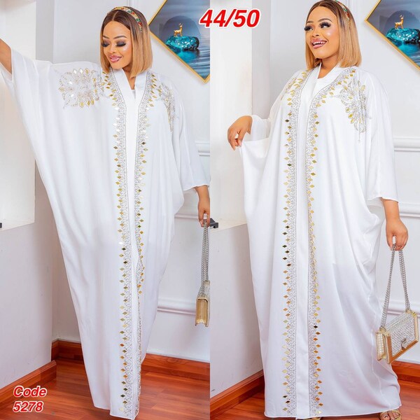 White Kaftan with Gold Stones, African Party Wear Fashion, Owambe Nigerian Wedding Guest Dress Birthday Baby Bridal Grad, All White Party