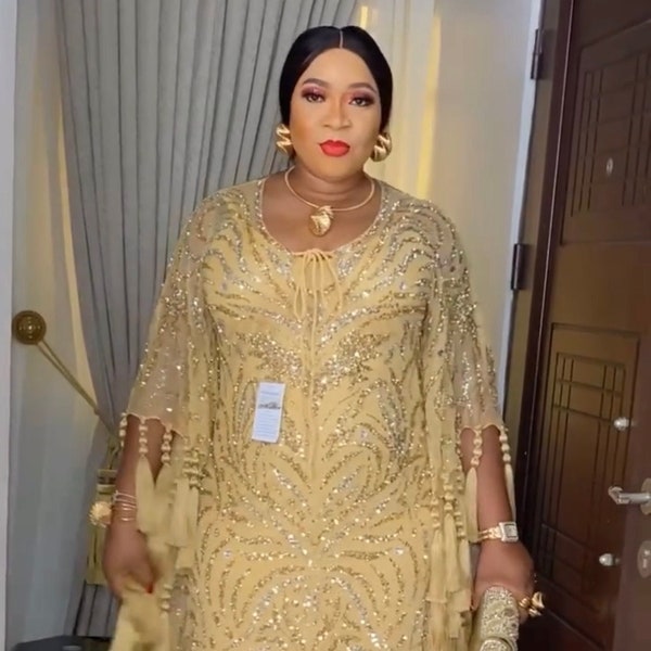 Caftan doré fantaisie avec pompons perlés, robe Bubu de fête pour femmes africaines, robe formelle nigériane pour invités de mariage, anniversaire, photo de la mère de la mariée, tenue de soirée