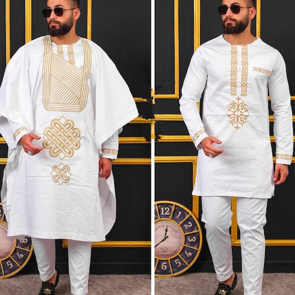 Agbada African Men's Clothing, African Wedding Groom Suit Guests Groomsmen Birthday Nigerian Party Wear Embroidery Agbada Buba Sokoto White