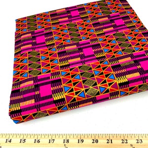 African Fabric by the Yard | Metallic Ankara Kente Print Per Yard | Geometric Pink Ankara | Magenta Blue | Mask Head Wrap Quilt