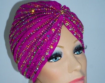 Pink Turban, Pre-tied Party Fashion Knot Turban, Embellished Rhinestones Stretch Beaded Turban, Wedding Kaftan Headwear Covering Magenta
