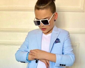 Boys' Slim Fit Blue Wedding Suit, Kids Birthday Party Ring Bearer Graduation Prom Photoshoot Baptism Naming Ceremony, Jacket Shirt Pants