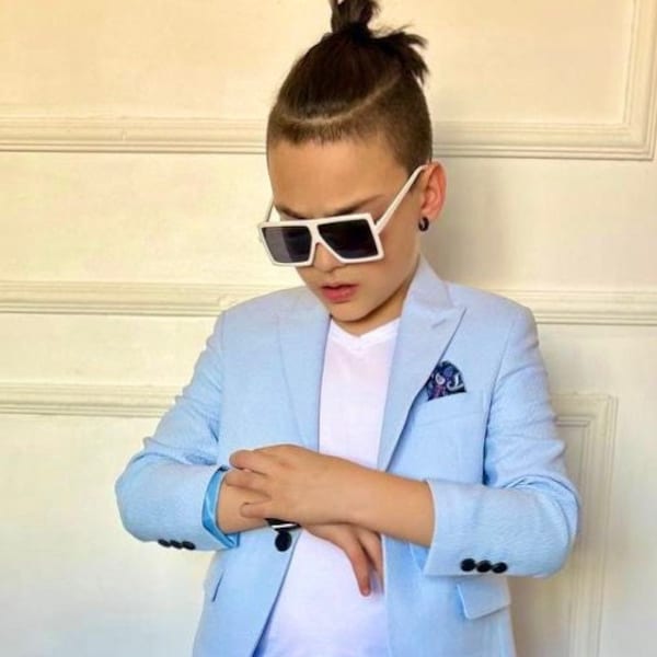 Boys' Slim Fit Blue Wedding Suit, Kids Birthday Party Ring Bearer Graduation Prom Photoshoot Baptism Naming Ceremony, Jacket Shirt Pants