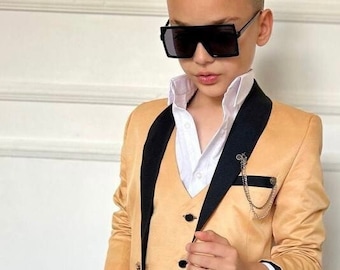 Gold Boys' Tuxedo Suit, 5 Piece Slim Fit Wedding Suit, Birthday Party Ring Bearer Graduation Photoshoot, Jacket Vest Shirt Tie Pants