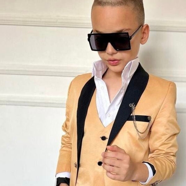 Gold Boys' Tuxedo Suit, 5 Piece Slim Fit Wedding Suit, Birthday Party Ring Bearer Graduation Photoshoot, Jacket Vest Shirt Tie Pants