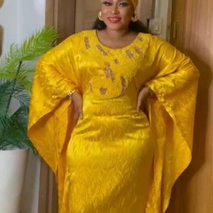 Yellow Luxury Bubu Kaftan Beaded Neck Embroidery, Birthday Wedding Guest Party Attire, African Fashion Women's Clothing Boubou Dress