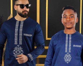Blue African Family Matching Attire, Father Son Cotton Shirt Pants, Wedding Birthday Photoshoot Prom Graduation, Nigerian Party Guest