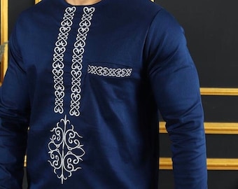 Blaue afrikanische Outfit-Hemdhose, Hochzeitsfeiergäste Bräutigam-Klage, afrikanische Männer-formelle Kleidung-Modekleidung, Stickerei-nigerianischer Buba Sokoto