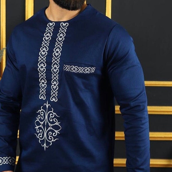 Blue African Outfit Shirt Pants, Wedding Party Guests Groom Suit, African Men Formal Wear Fashion Clothing, Embroidery Nigerian Buba Sokoto