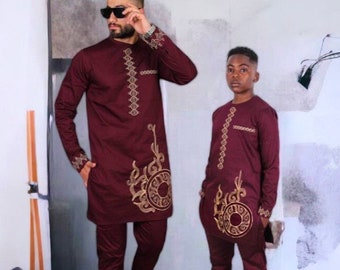 Wine African Family Outfits, Matching Embroidery Shirt Pants, Wedding Guest Birthday Photo Prom Graduation, Nigerian Party Wear Father Son