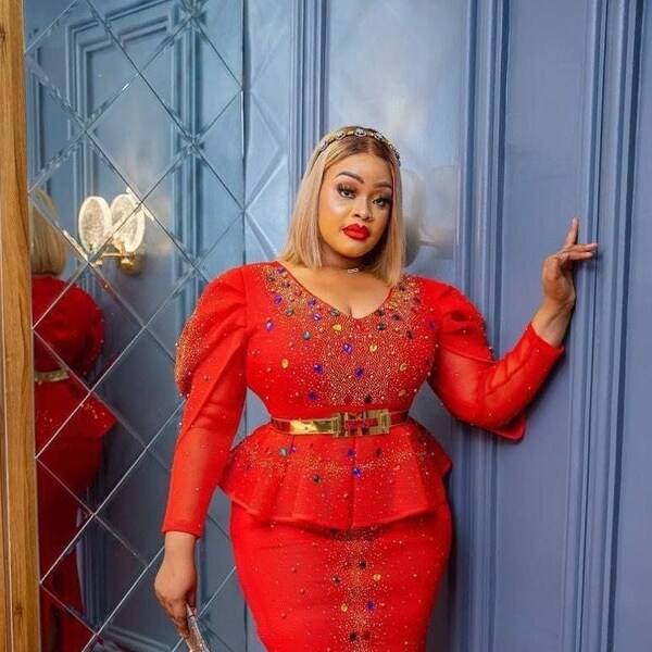 Red Rhinestone Evening Dress, Wedding Guest Dress, Nigerian Party Outfit, Birthday Celebrant Bridal Photoshoot Mother of Groom Graduation