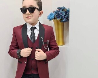 Burgundy Boys' Tuxedo Suit, Slim Fit Wedding Suit, Birthday Party Ring Bearer Graduation Photoshoot, Jacket Vest Shirt Tie Pants Lapel Chain