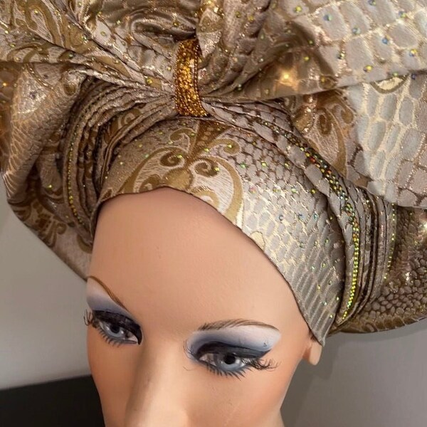 Metallic Gold Auto Gele Headtie with Rhinestones, Stoned Nigerian Bridal Pre-tied Headwrap, African Wedding Party Aso Ebi Scarf FAST SHIP