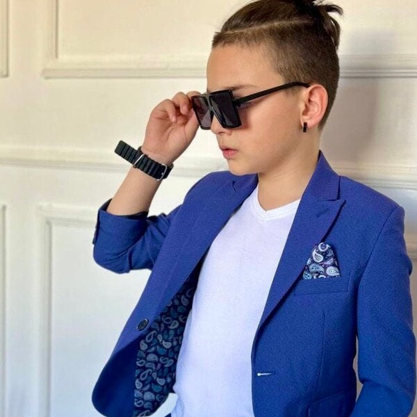 Boys' Slim Fit Blue Wedding Suit, Kids Birthday Party Ring Bearer Graduation Prom Photoshoot Baptism Naming Ceremony, Jacket Shirt Pants