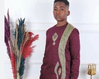 Wein Afrikanisches Outfit für Jungen, Bequeme Baumwollstickerei Shirt Hose, Hochzeit Geburtstag Fotoshooting Graduierung, Nigerian Party Wear